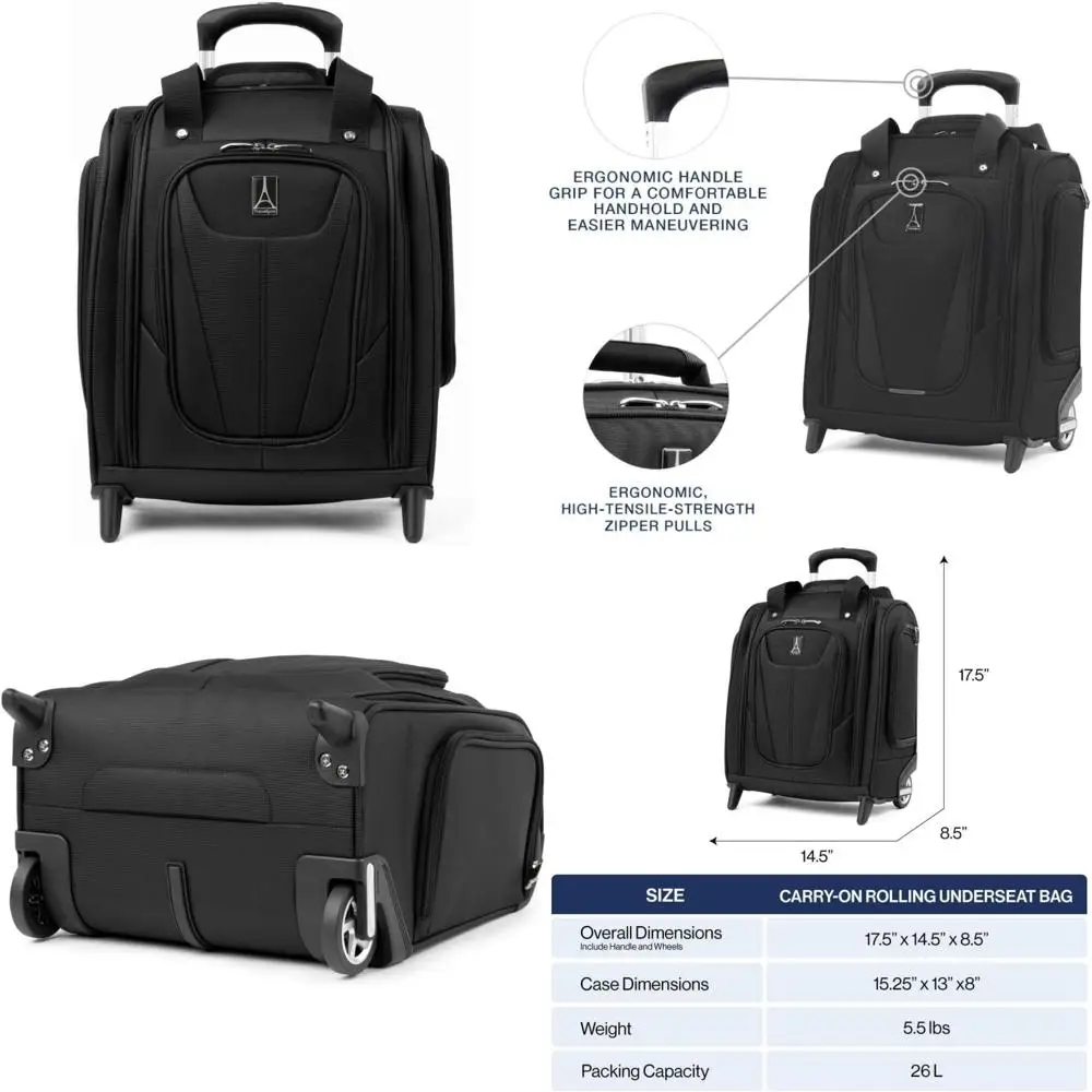 Lightweight Compact Rolling Underseat Carry-On Upright 2 Wheel Bag for Men and Women, Black, Softside Luggage