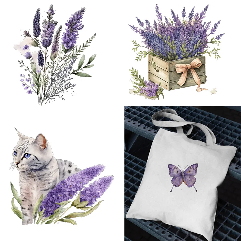 lavender cat Flower Butterfly DTFHeat Transfer iron on transfer for clothing Iron On Patches Thermal for Clothing.