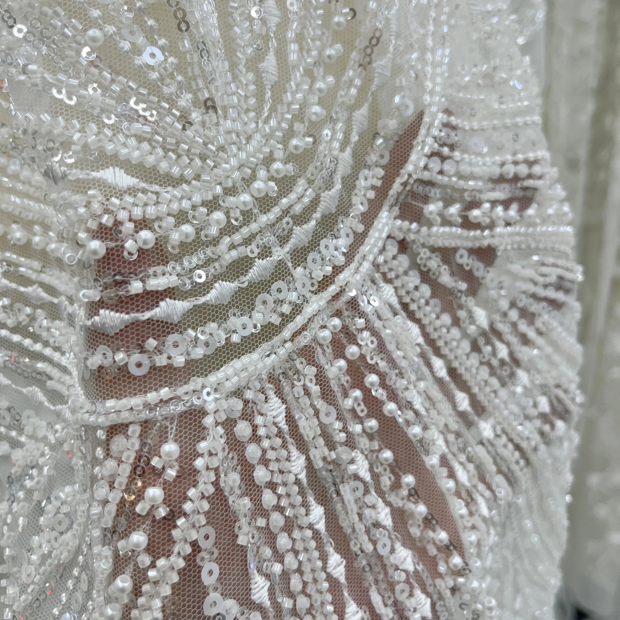 Luxury Delicate Lines Sequins Beads Lace Embroidery Wedding Dress Lace Fabrics