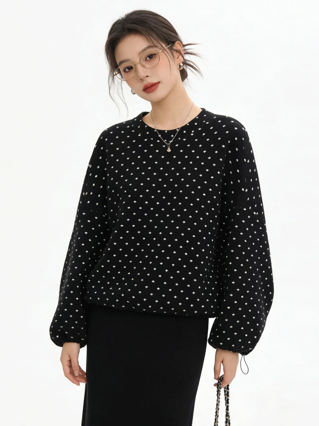 

Ele Retro Polka Dot Knitwear with Knot High Waist Skirt Casual Comfortable Skin-friendly Autumn Spring Fas...