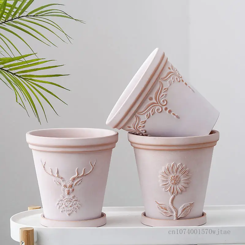 Creative Atomized Clay Flower Pot White Relief Old Coarse Home Living Room, Garden, Courtyard Decoration, Planter with Tray, 1Pc