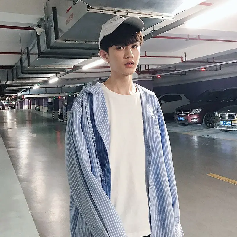 أنيقة الرجال الكورية نمط العصرية مقنعين فضفاضة مخطط قميص طويل الأكمام سترة رقيقة