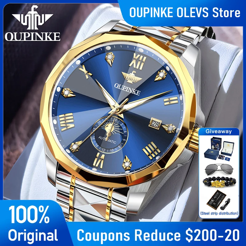 

OUPINKE 3312 Mens Watch Luxury High Quality Automatic Mechanical Watch Tungsten Steel 50M Waterproof Moon Phase Watches For Man