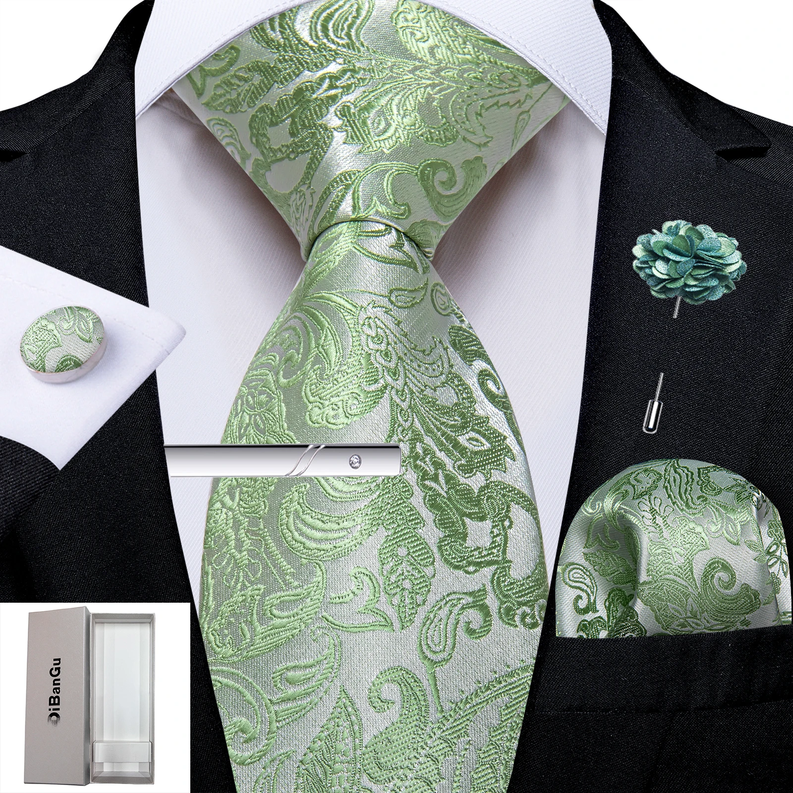 Green Men\'s Ties Luxury Floral Solid Silk Ties Business Formal 150cm Necktie Pocket Square Cufflink Suits Accessory