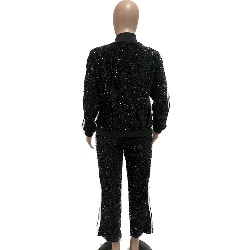 2024 Fashion Women\'s Black Glitter Pants Set Long Sleeve Fashion 2-piece Set Club Sports Set Coat Pants Set