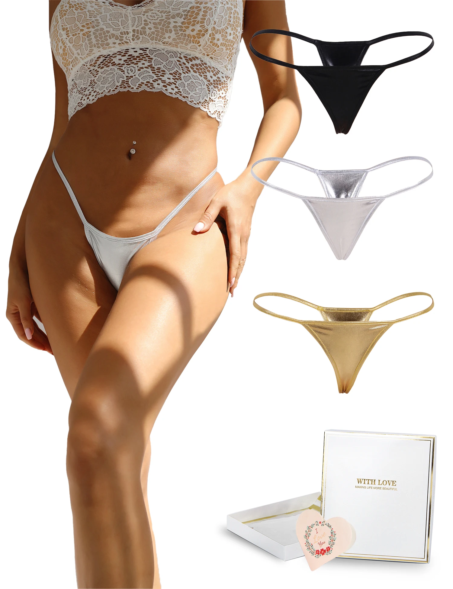 

Women's Sexy Thongs Micro Shiny 3 PCS G String With Gift Box Valentine's Lingerie Suits Erotic Adult T Back Panties 3XL Lady