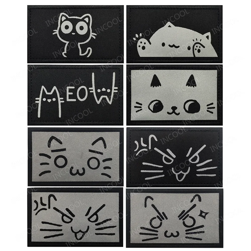 Cartoon Cat Reflective Patches Lovely Cute Kitten Expression PVC Rubber Funny Meow Badge For Backpack Clothing Cap Bag Appliqued