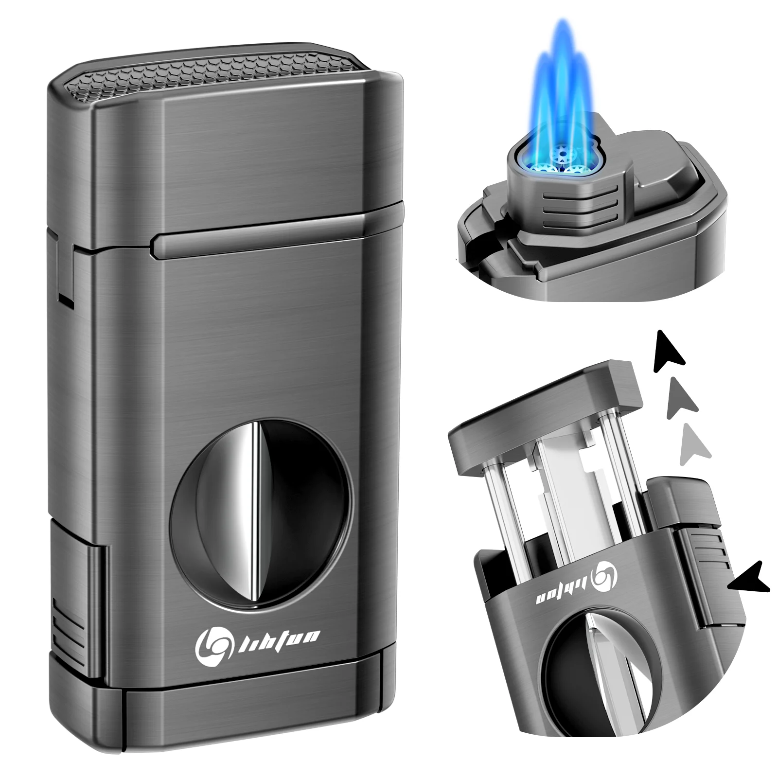 Cigar Lighter,Multi-Function Torch Lighter Built-in Cigar Holder&One-Touch Cutter V Cut, 3 Jet Flame Butane Lighters Accessories