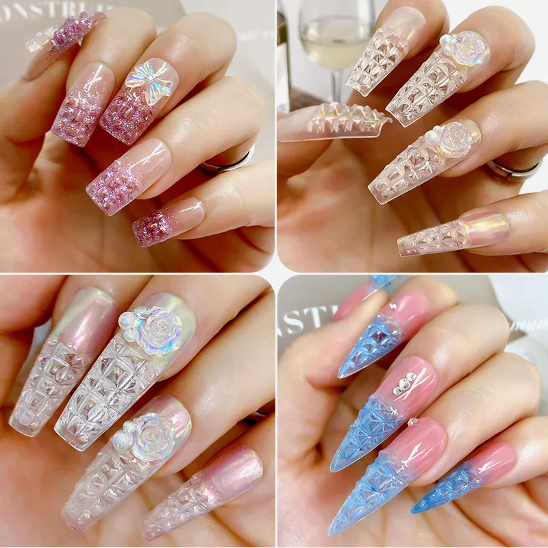 120 stücke konkave konvexe 3D-Kristallglas gefälschte Nail Art Tipps transparente trapezförmige lange spitze Nägel Nail Art Patches Erweiterung