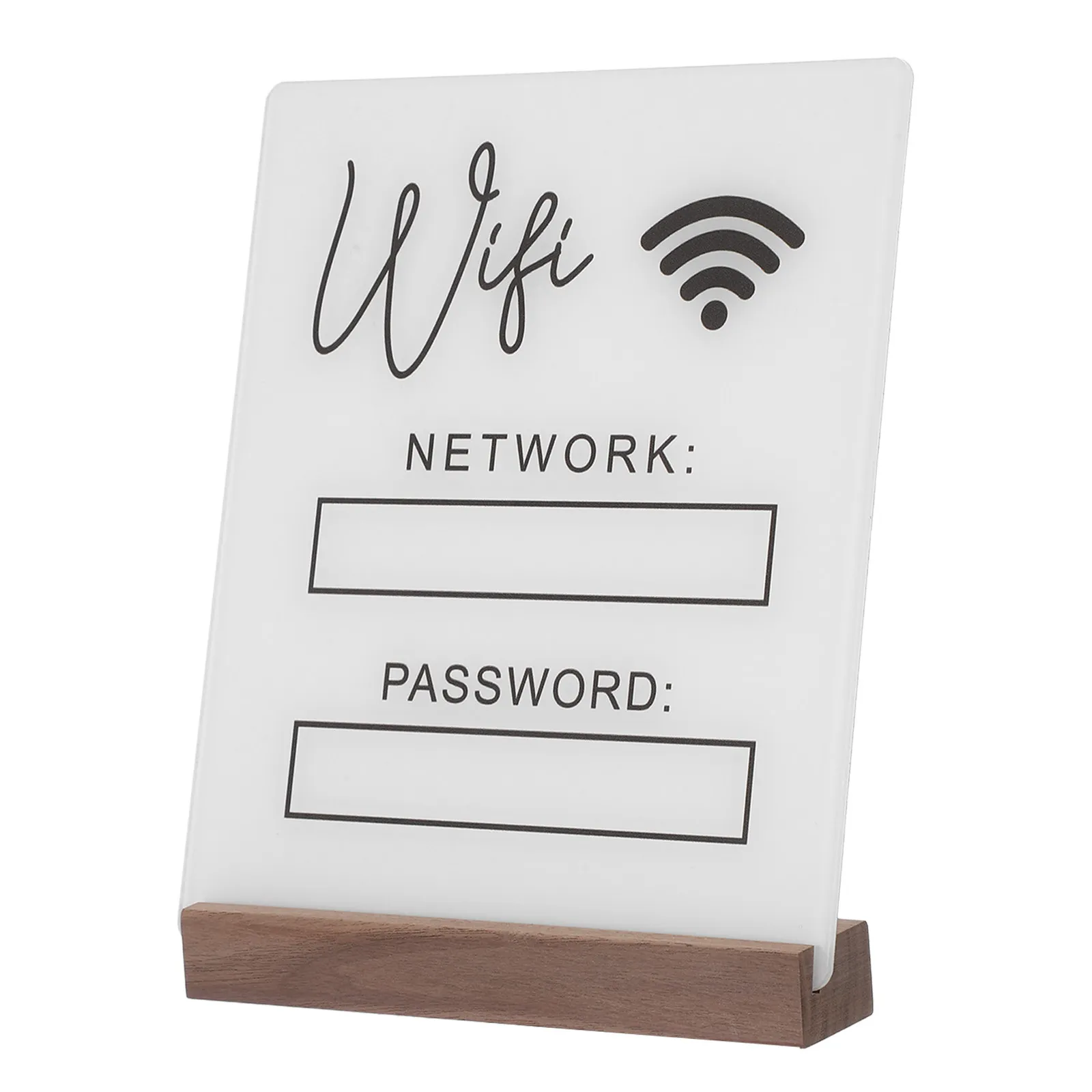 透明アクリル製wifiパスワードサインデスクトップボード、木製ベース付きワイヤレスネットワークリマインダー（ホテルゲスト用）