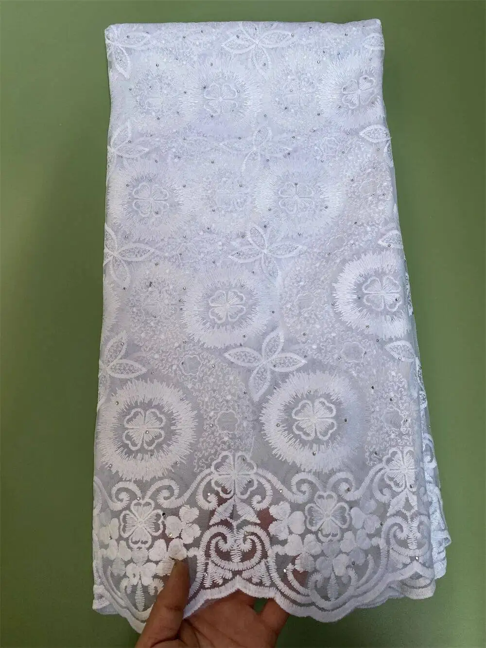 White lace French Lace Fabric with Stones African Tulle Lace Embroidery Tissu for Women Dress 5 Yards