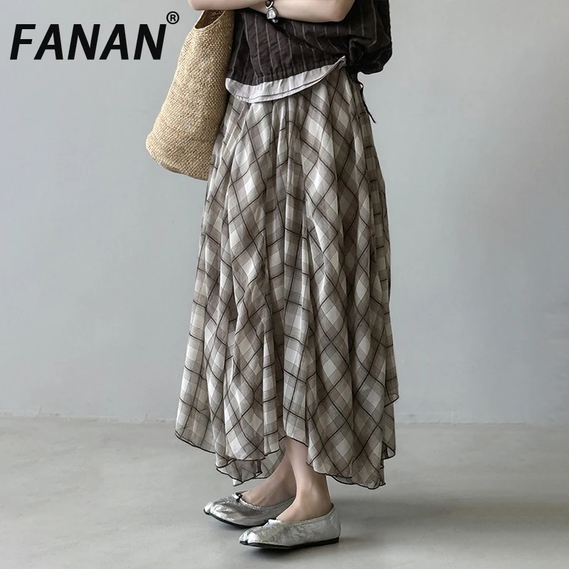 

FANAN Vintage Irregular Plaid Contrast Color Skirts For Women Elastic High Waist A-line Mid-length Skirt Female 2025 Summer New