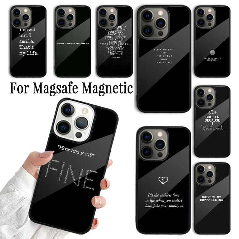 Coque Phone Case For iPhone 16 15 14 13 12 11 Pro Max Plus Magsafe Magnetic Wireless Charging Cover Sad depression Black Word