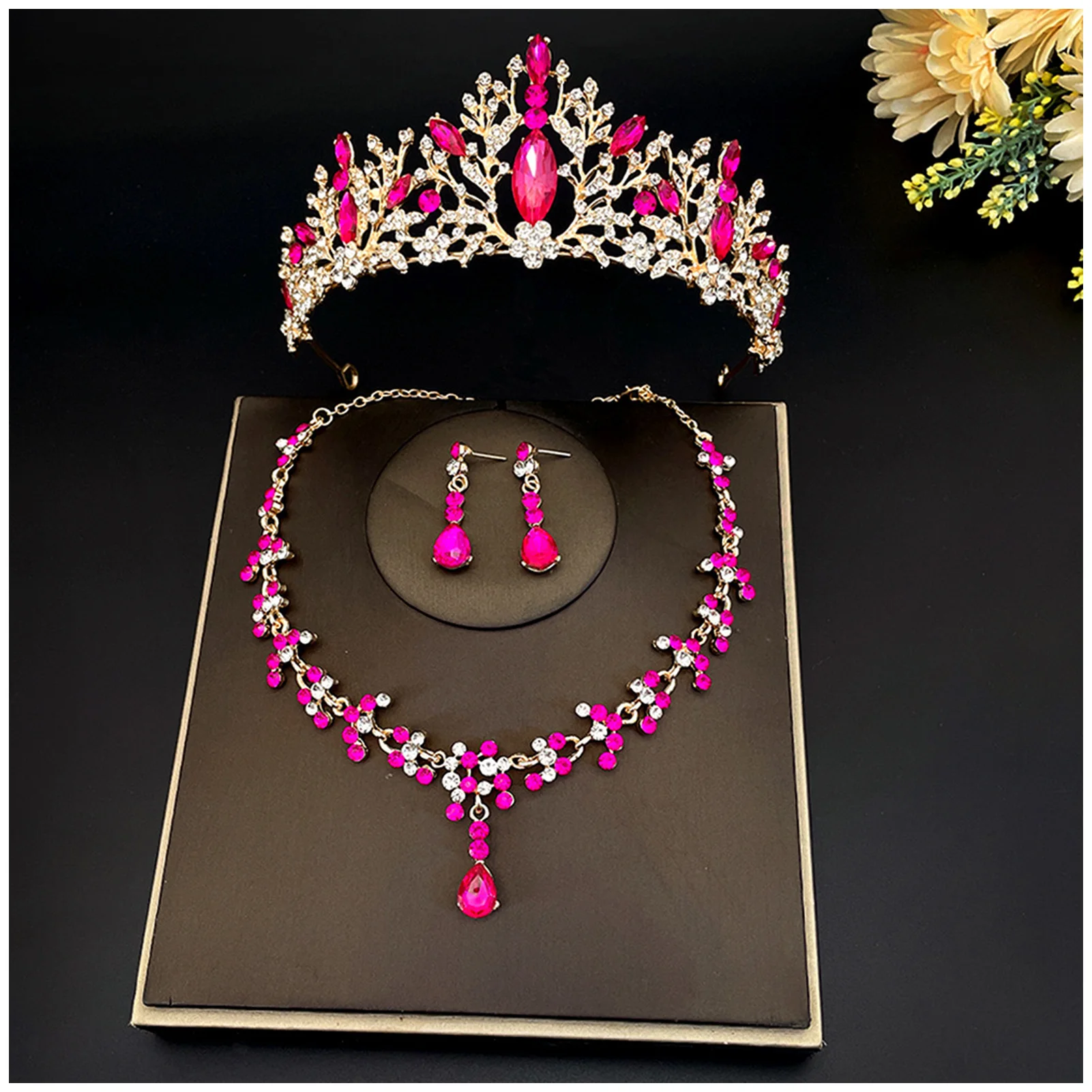 Sparkly Rhinestone Jewelries 3 Pieces Glitter Necklace Drop Earrings Princess Crown for Bridesmaid Wedding Party Prop