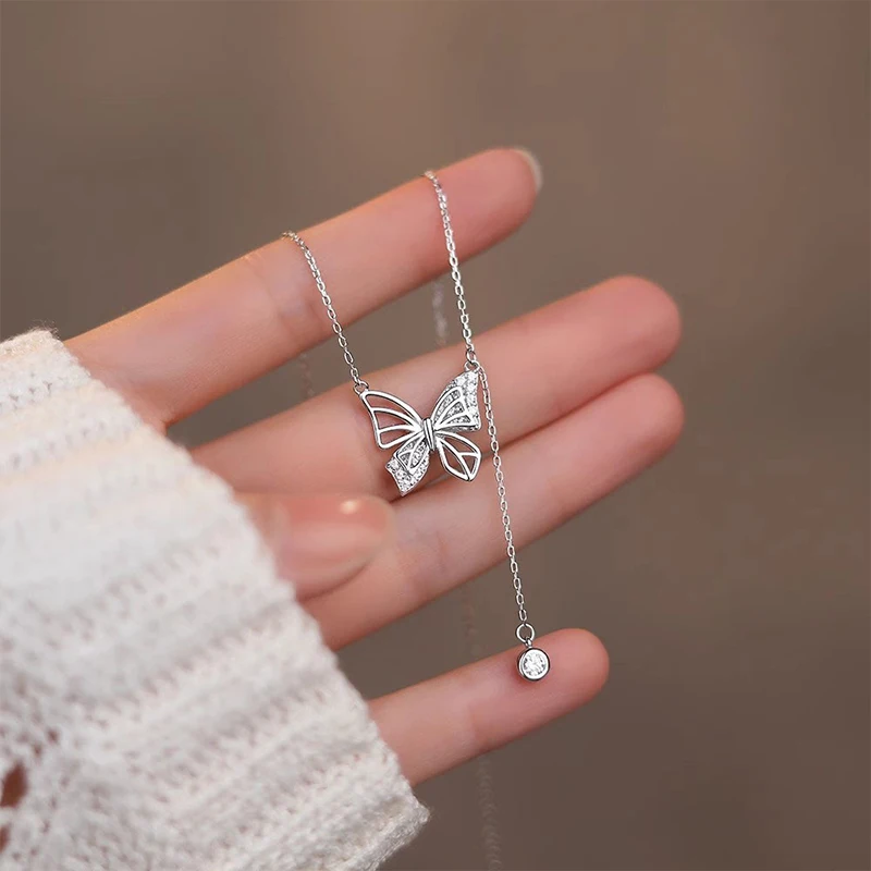 925 Sterling Silver Butterfly Tassel Necklace Female Hollow Butterfly Zircon Pendant Neck Chain Collarbone Chain Birthday Jewel