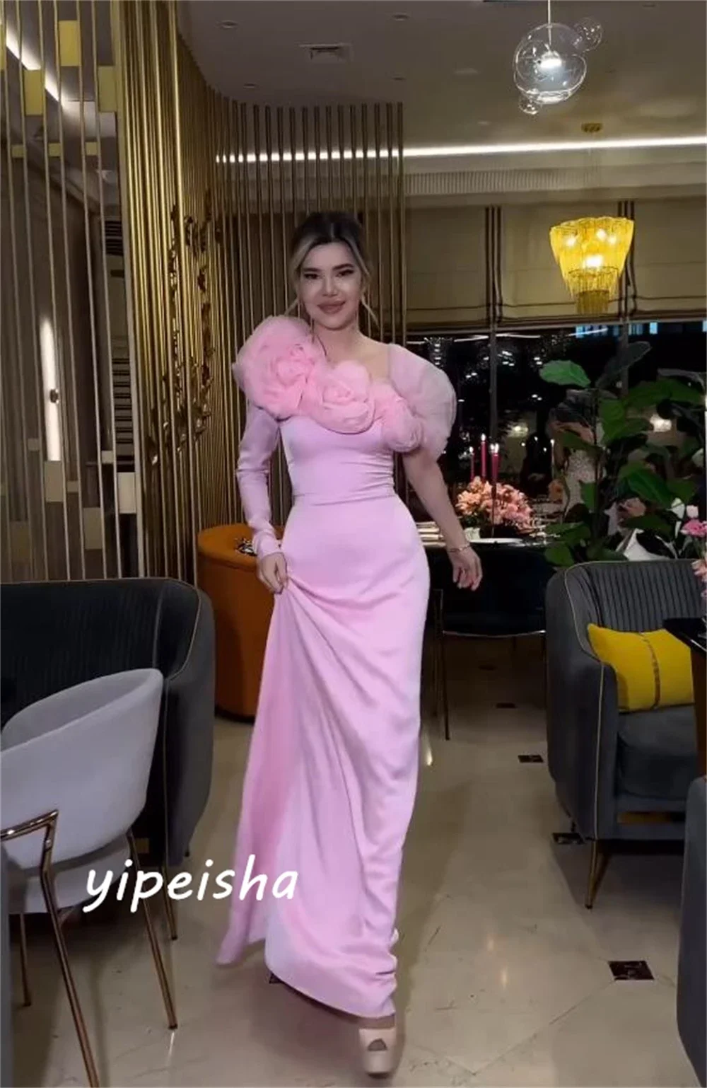 Yipeisha Prom Dress Exquisite Elegant Asymmetrical One-Shoulder A-line Flower Floor length Tulle Charmeuse Evening Dresses