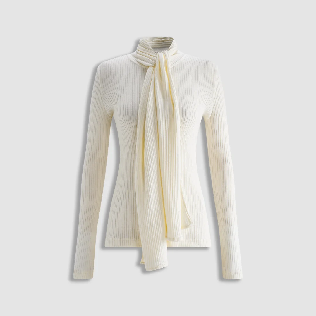 Women Wool Blend Knit Top Tie Neck Ribbed Long Sleeve Slim Fit Blouse Elegant Lady High Neck Bow Knitted Shirt Basic Sweater