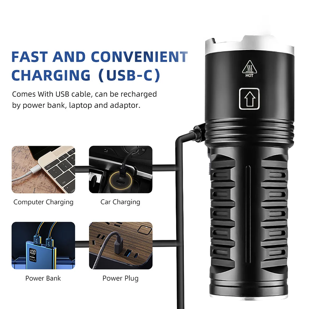 High Power LED Flashlight Type-C Rechargeable Output Zoom Aluminum Alloy Built in 6000mAh Battery Tactical Torch For Camping