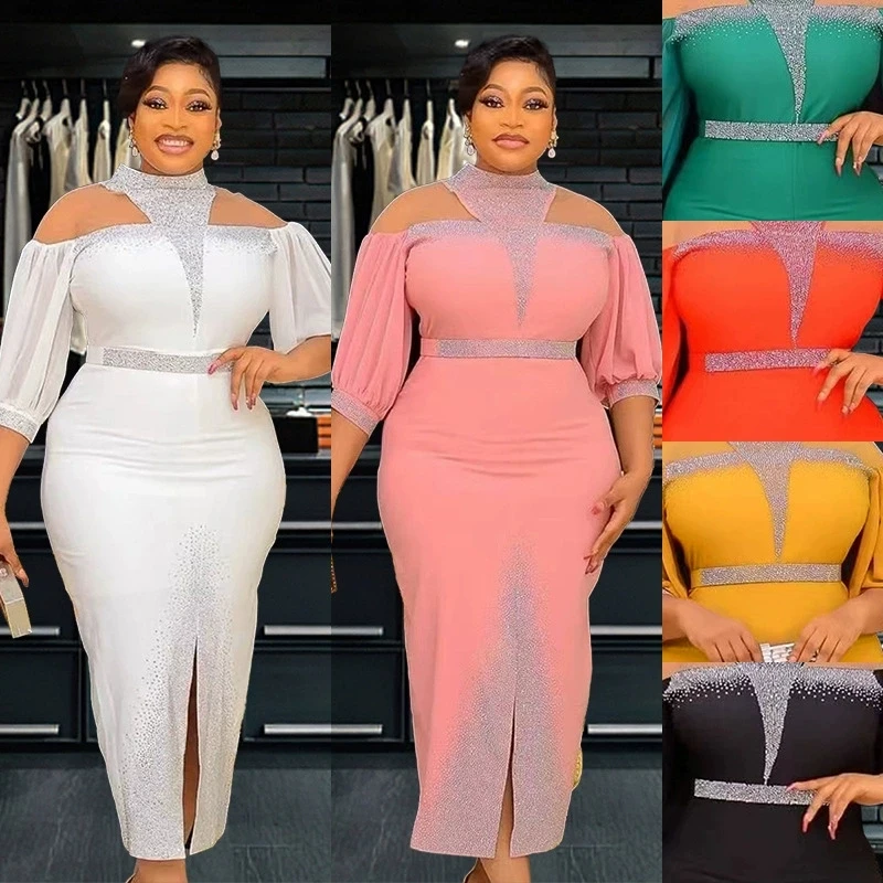 

African Women's Ramadan Saudi Arabian Muslim Luxury Fashion Robe Commuter Bag Hip Split Dress Sexy Hot Diamond with Belt