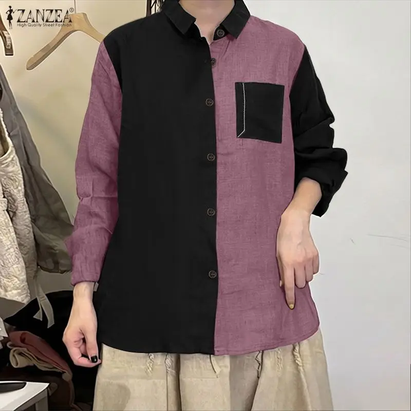 ZANZEA Vintage Shirts met lange mouwen Dames Casual Knoppen Mode Blouses 2026 Herfst Lente Kleur Patchwork Losse Oversized Blusas