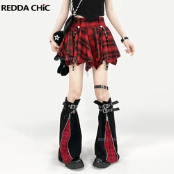 REDDACHiC Plaid Red Retro Leg Warmers Mini Skirt Set Women Leather Belt Boots Cover Irregular Ruffle Cake Skirt Y2k Goth Clothes
