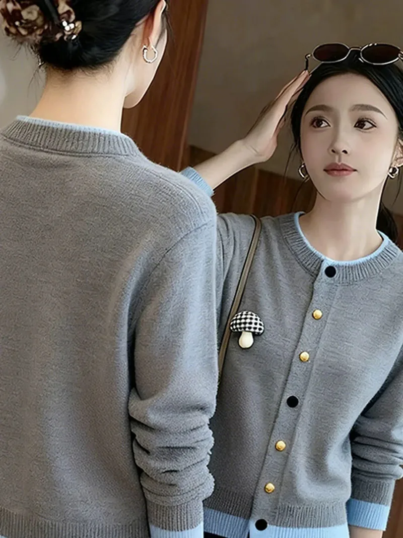 Women Spring Autumn Knitted Cardigan Round Neck Color Block Button Down Long Sleeve Sweater Elegant Slim Knitted Sweater Coat
