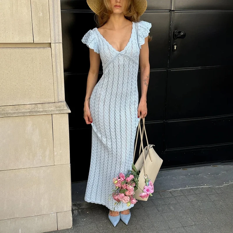 

Typhaland Knitted Hollow Vacation Long Dress Women V Neck Sexy Sheer Fashion Dress High Waist Slim Sleeveless 2026 Summer New