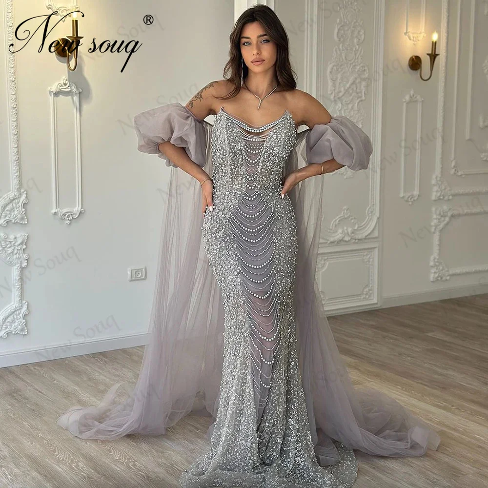 Sliver Pearls Evening Gowns Vintage Arabic Strapless Half Sleeves Female Party Dress Robes De Soree Beading Bridal Evening Dress