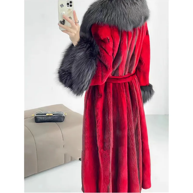 Adjustable Waist Faux Fur Coat for Women, Long Jacket, Fox Fur Collar, Thick Warm Clothes,England Style,Autumn and Winter, 2024