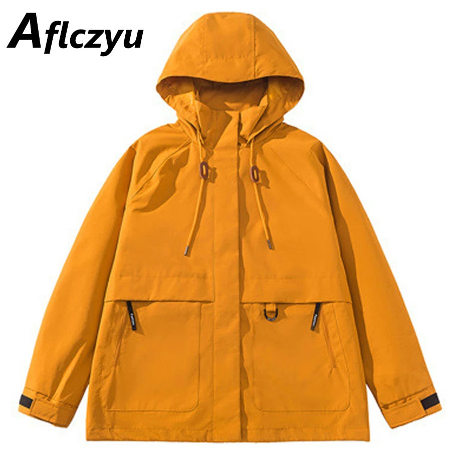 

Windbreak Jacket Coat Men Fashion Casual Solid Color Cargo Jackets Male Yellow Outerwear Camping Jacket