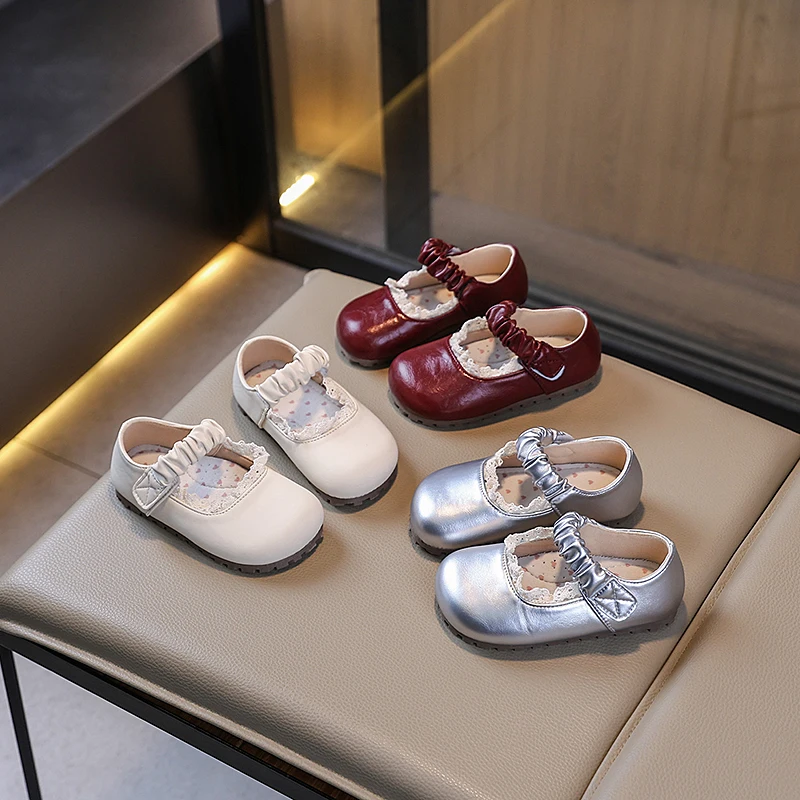 

2025 New Kids Leather Shoes Baby Girls Princess Shoes Toddler Ruffled Edge Autumn Children Soft Sole Causal Dress Flat Shoes