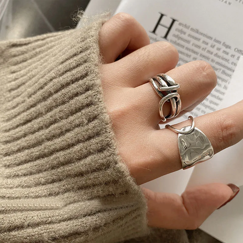 925 Sterling Silver Chain Knot Wrap Wide Band Rock Geometry Ring Unique Jewelry For Women Gift Wholesale Dropshipping