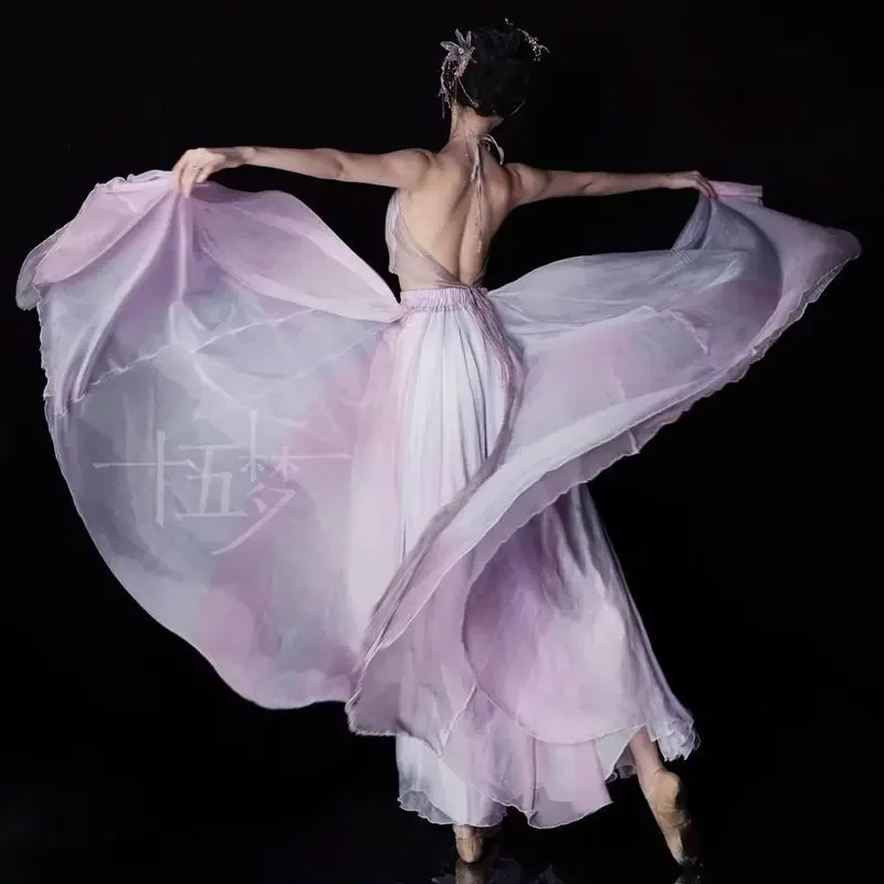 

Элегантное розово-фиолетовое газовое платье с воротником-стойкой, сказочная атмосфера классического танца, китайский танец