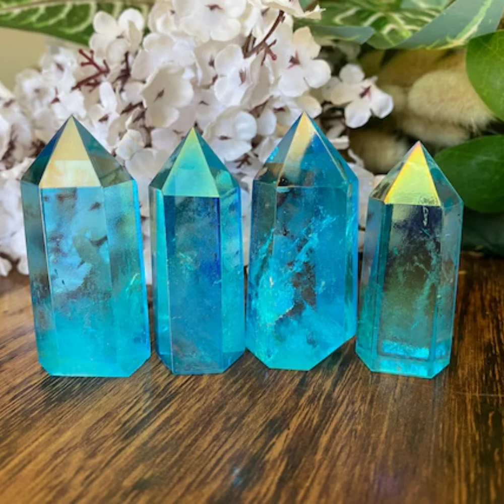 1 قطعة برج كوارتز Aqua Aura - برج كوارتز Aura الأزرق - برج كوارتز عالي الارتفاع - كوارتز وأبراج ذهبية شفافة