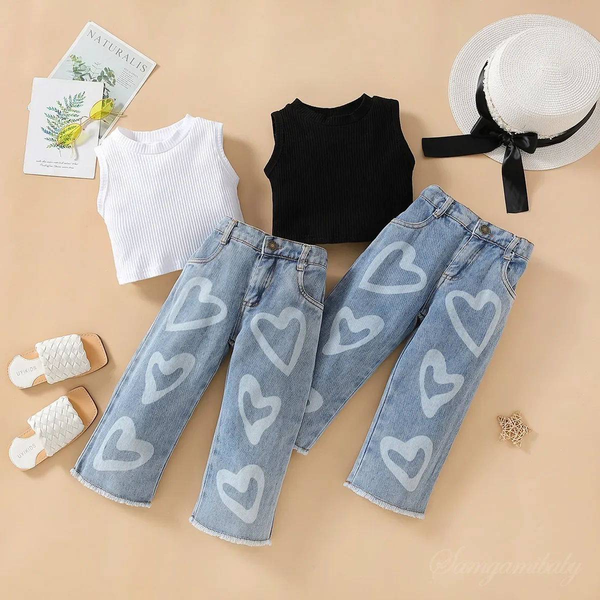2026 Kids Girls Set Jeans Love Embroidery Children Trousers + Vest Girls Denim Wide Leg Pants 1-6Years New Kids Clothes