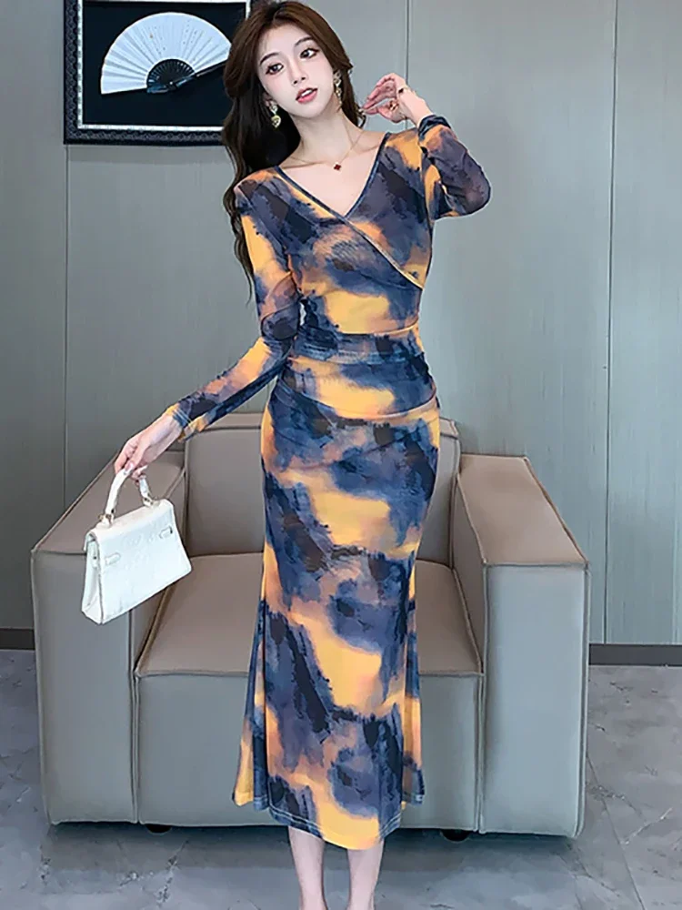 2025 New Print Long Sleeve V-Neck Chic Ruffled Long Dress Women Elegant Casual Home Dress Autumn Korean Bodycon Festival Dresses