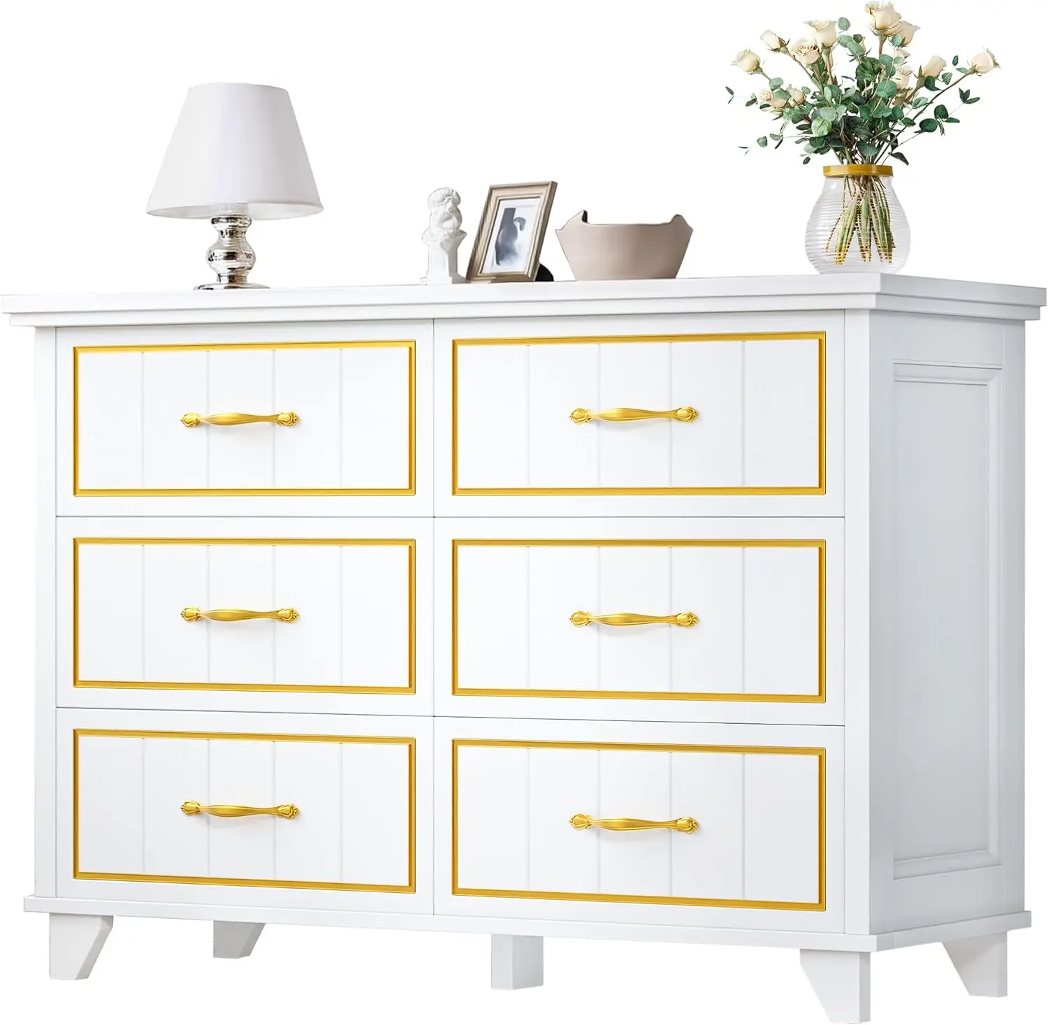 

Farmhouse Wooden Dresser TV Stand with Power Outlet, 6-Drawer Dresser with Large Storage Drawers and Bar Handles, Ideal for