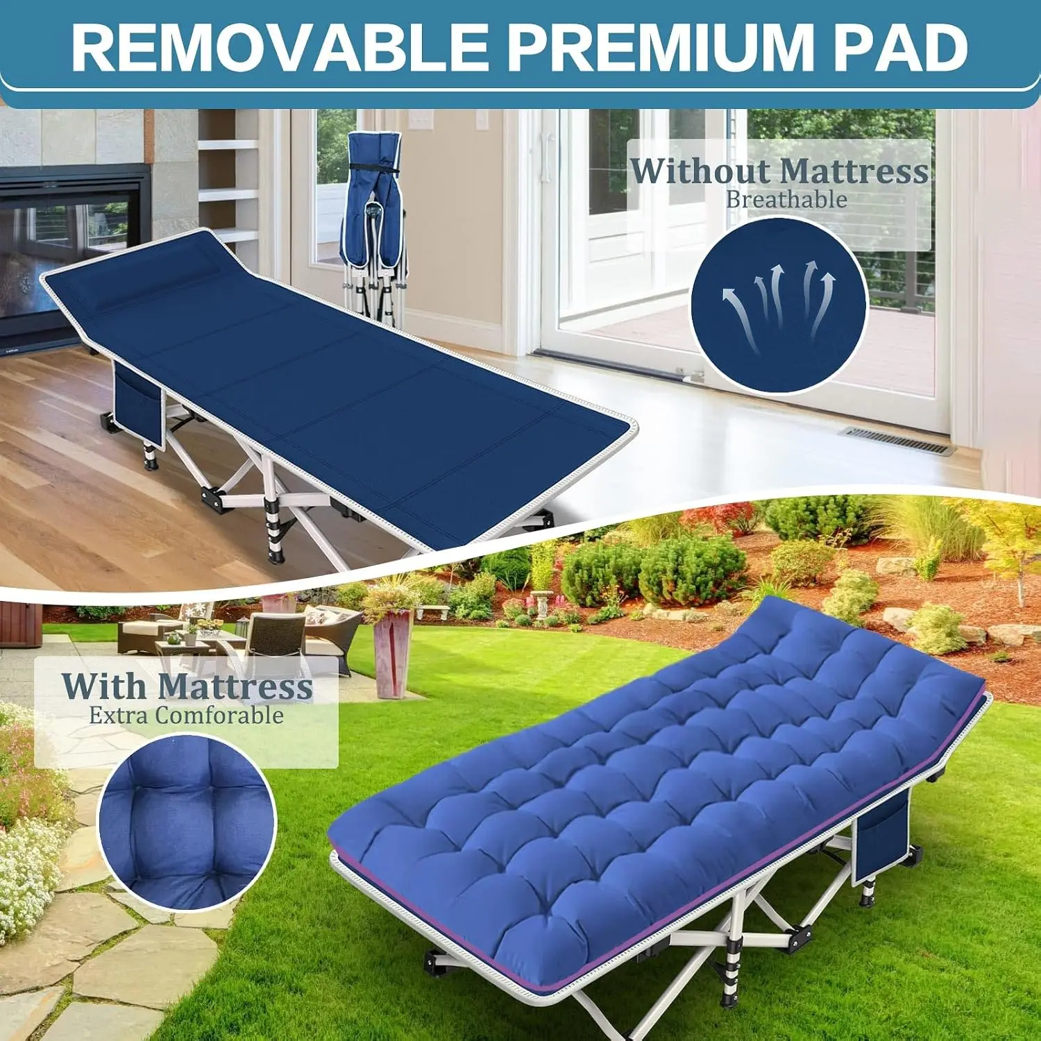 2 Pack Camping Cot with Mattress Comfortable Cot Bed Folding Cot Heavy Duty Cots for Sleeping with Carry Bag,Customized view 4