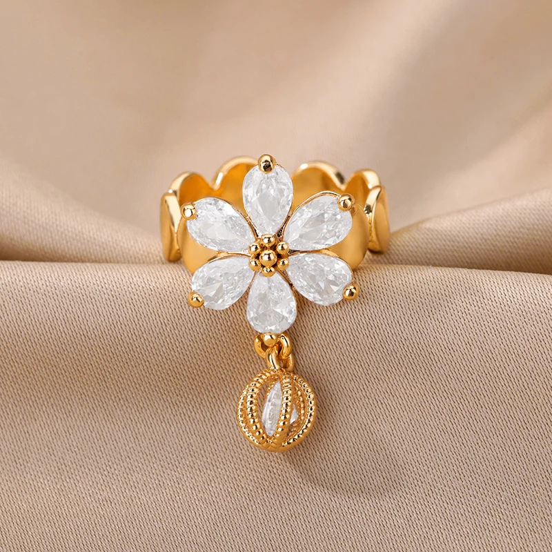 Ball Pendant Zircon Flower Open Rings For Women Girls Gold Color Stainless Steel Engagement Wedding Ring Female Jewelry Gift