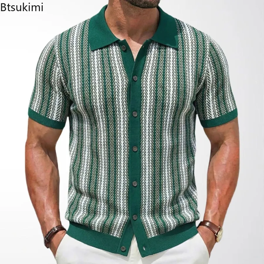 2026 Men's Summer Casual Knitted Shirts British Retro Stripe Patchwork Knitted Short Sleeve Jacquard Business Polo Shirt Male