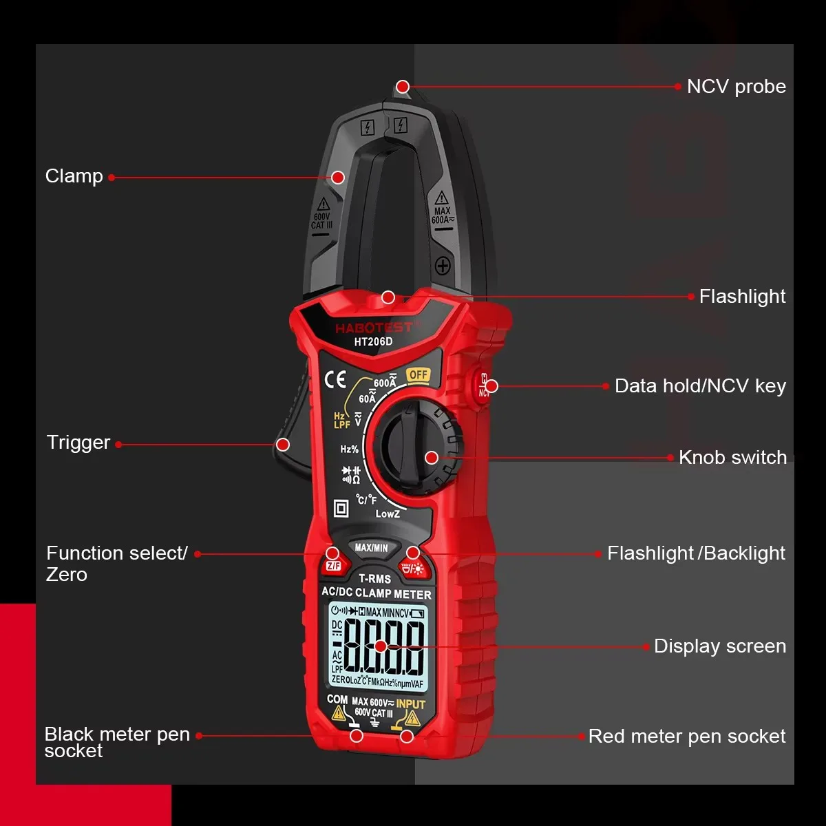 HABOTEST Clamp Meter HT206A HT206B HT206D 600A AC DC Current Two-color Backlight Hz Capacitance NCV Ohm Test Voltmeter Ammeter