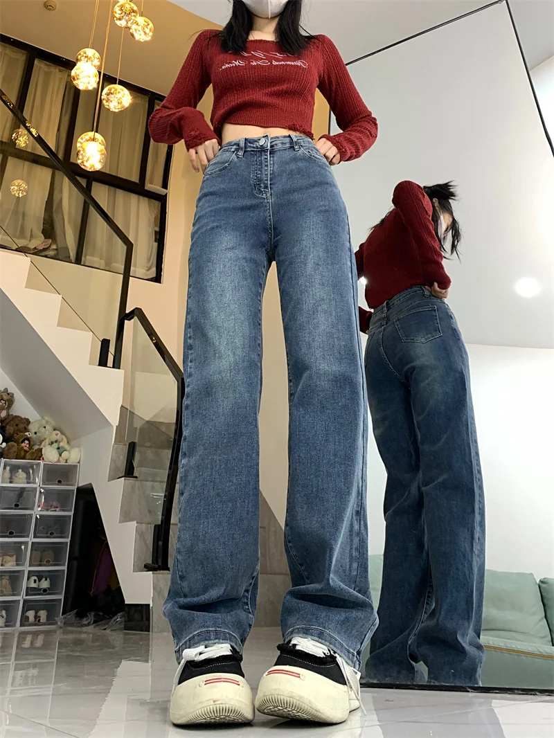 

Прямые джинсы с высокой талией, женские узкие широкие брюки, осенние новые хлопковые эластичные джинсовые брюки больших размеров, против морщин