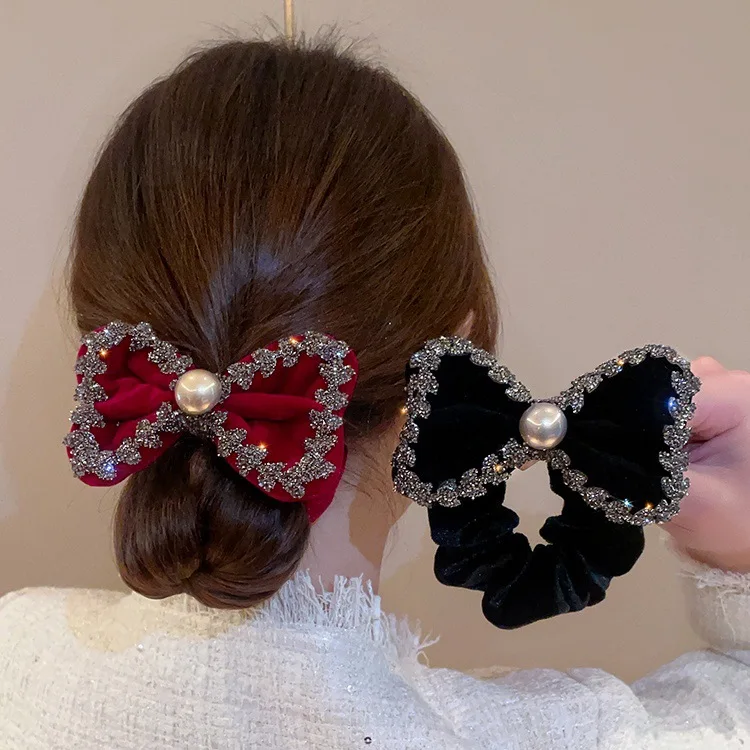 Autumn and Winter New Style Red Velvet Rhinestone Bowknot Big Intestine Hair Band Ponytail Rubber