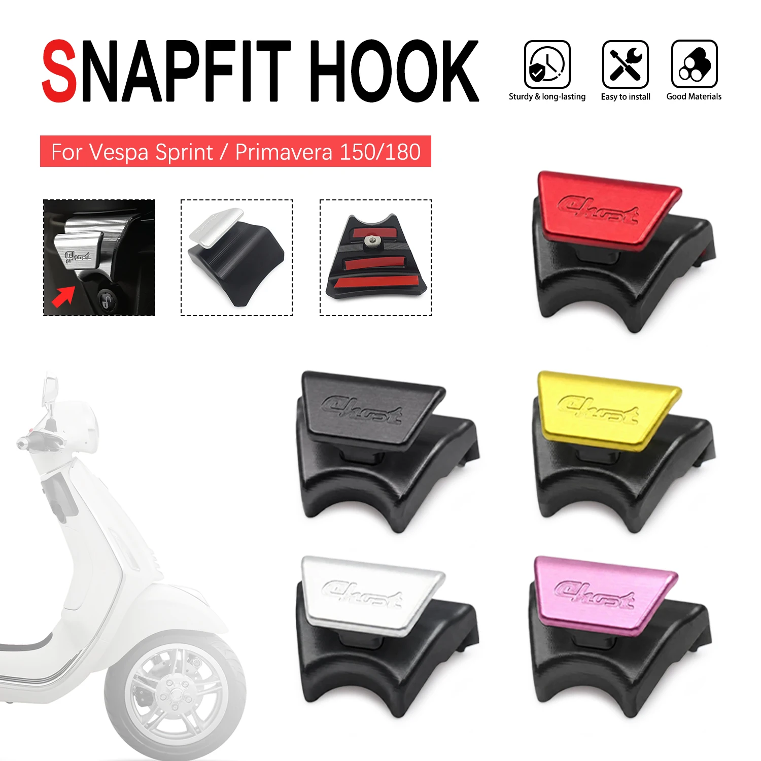 CNC Aluminum Snap Fit Hook For Vespa Sprint Primavera 150 180 Snap-on DIY Mount No Shell Removal Two Color Combo Storage Hanger