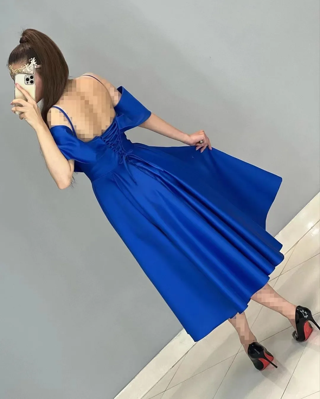 Tea Length Satin A Line Homecoming Dresses Spaghetti Off Shoulder Girls' Wear Graduation Party Lace Up Back Short Prom Gowns