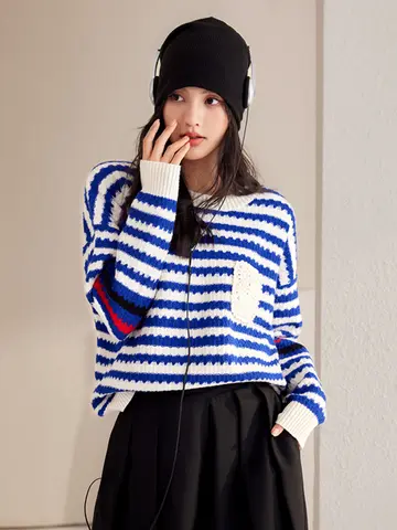 Autumn Fashion Design Sense Niche Sweater Women Stripe Sweater Streetwear Long Sleeve Knitted Tops Female Loose Pullover