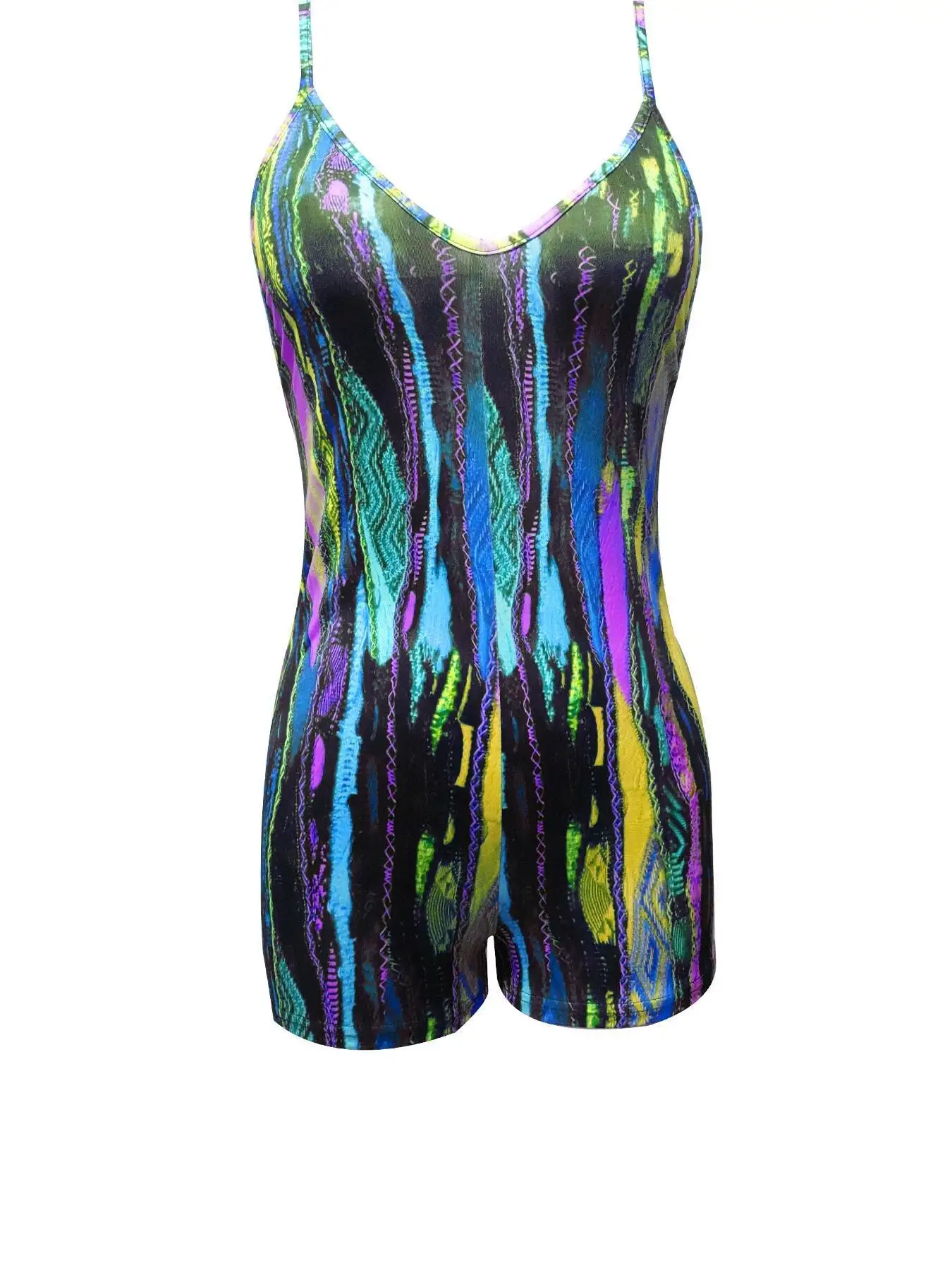 Sexy Damen-Romper mit buntem Print, Trägerhose, rückenfrei, ärmellos, schmal geschnitten, für Frühling, Sommer, Club, Party, Rave, modischer Jumpsuit – Detail 7