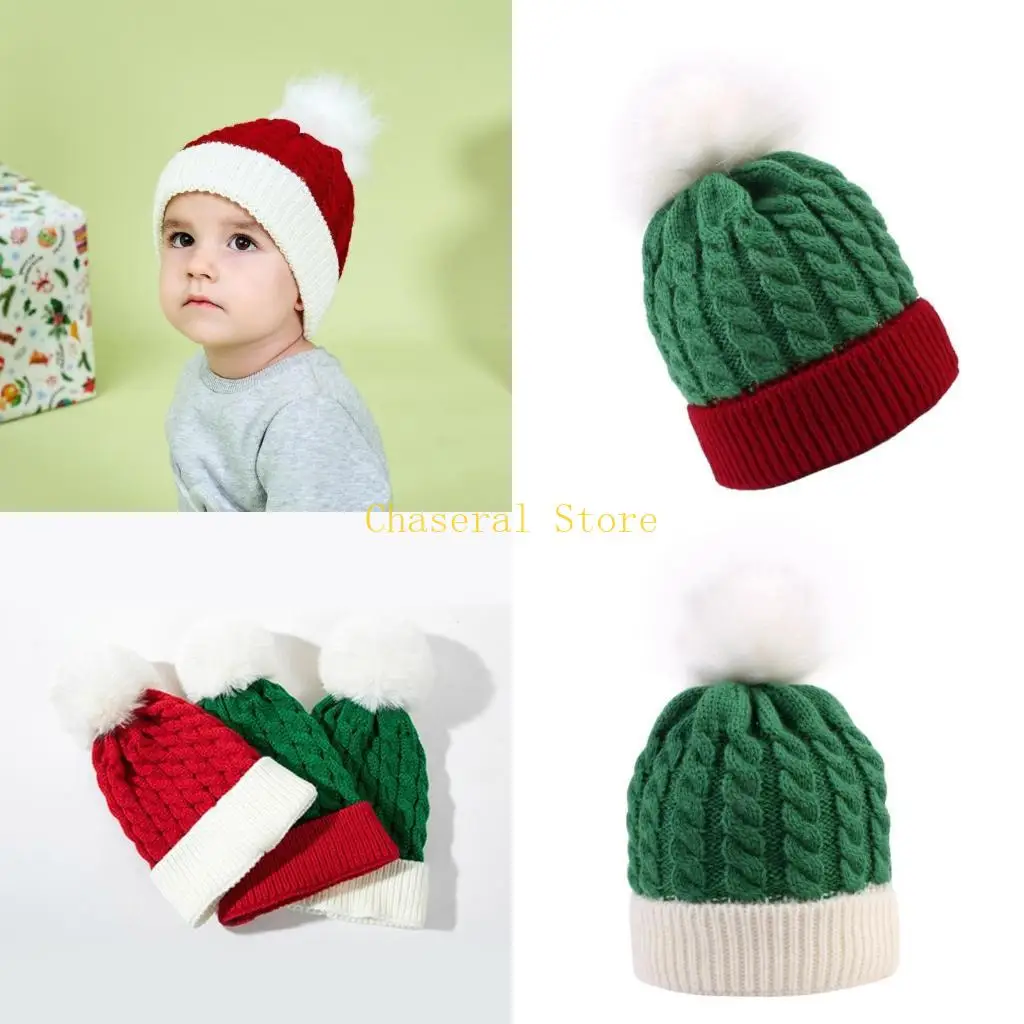 E7CE Adorable Baby First Christmas Knit Hat Comfortable and Breathable Warm Bonnet Caps with Pom Daily Wear 0-3 Years