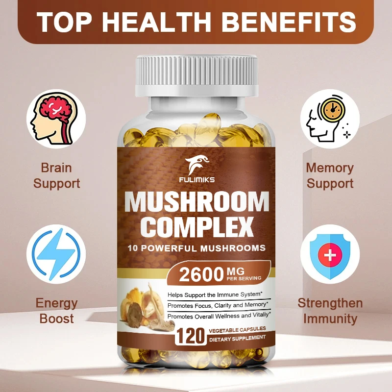 10x Mushroom Complex Capsules with Lions Mane, Chaga, Reishi, Cordyceps For Men&Women Relief Stress Dietary Supplement Capsules