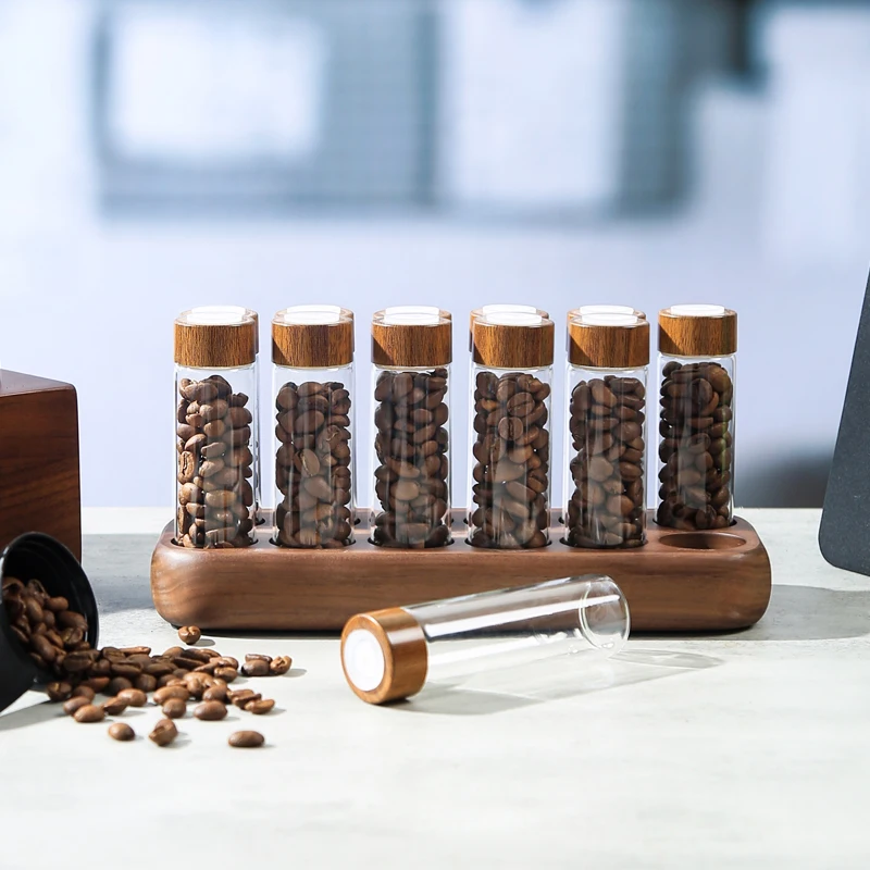 Heißer Verkauf 12 Glasröhrchen mit Walnuss-Holz-Set für Kaffeebohnen, Blumen, Tee, Präsentation, Kaffeebohnen-Aufbewahrungsbehälter